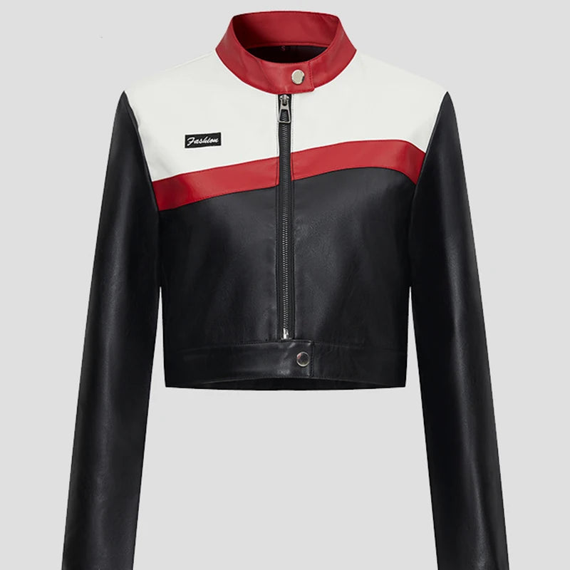 Women's Faux PU Leather Motorcycle Jacket with Zipper