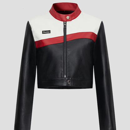 Women's Faux PU Leather Motorcycle Jacket with Zipper