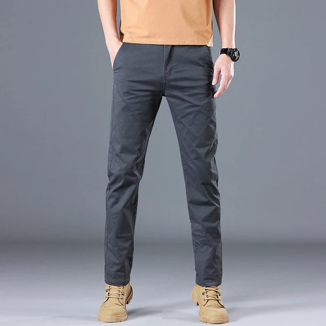 Men's Classic Slim Straight Trousers - Pure Cotton Stretch Pants