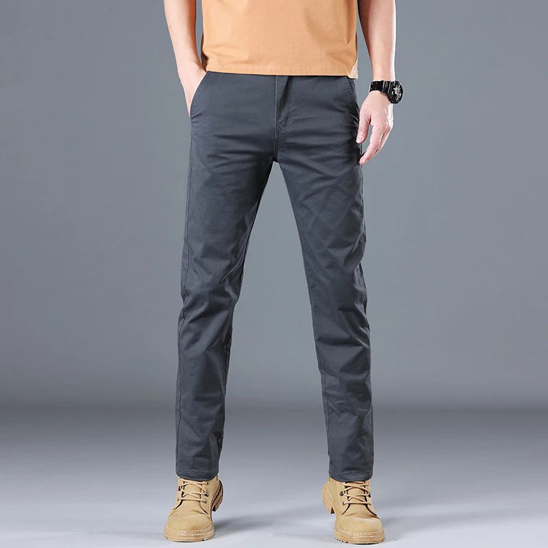 Men's Classic Slim Straight Trousers - Pure Cotton Stretch Pants