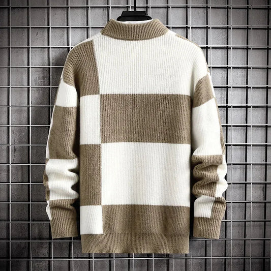 Men's Casual Patchwork Knitted Plaid Sweater with Round Neck - Stylish Block Design