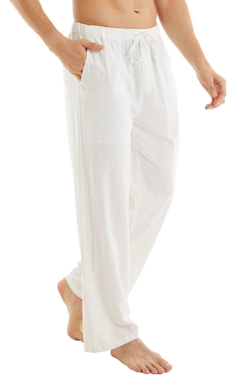 Men's Casual Linen Cotton  Pants Breathable Loos Elastic Waist