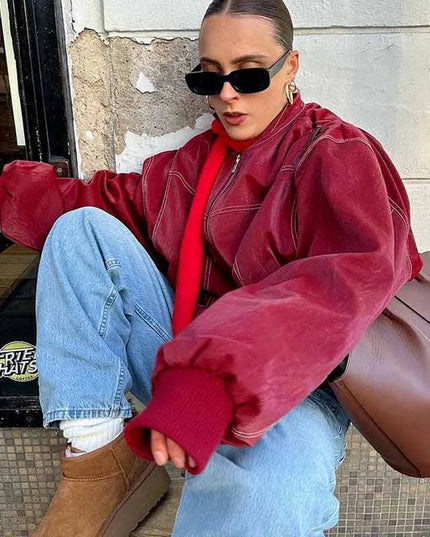 Women's Zipper PU Leather Jacket with Stitch Lapel - Loose Fit
