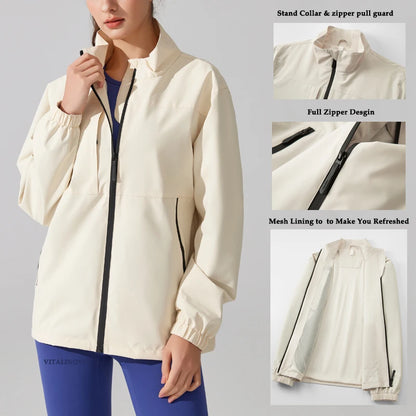Women's Waterproof Rain Jacket with Stand Collar - Lightweight, Full Zipper