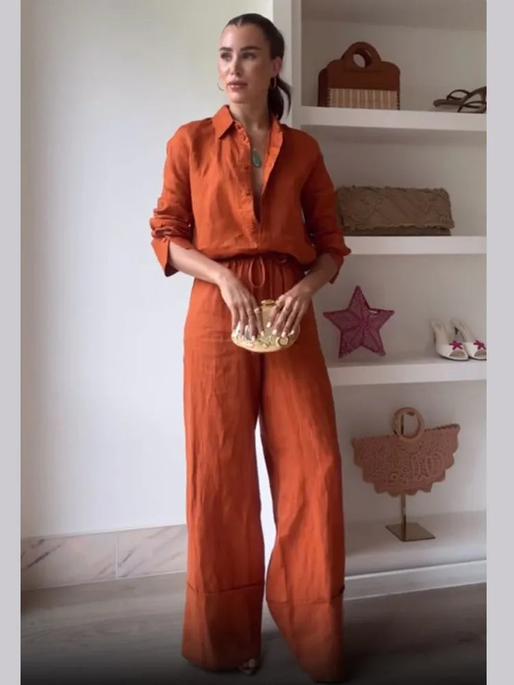 Women's 2-Piece Cotton Linen Drawstring Pants and Lapel Long Sleeve Shirt Set
