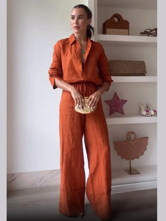 Women's 2-Piece Cotton Linen Drawstring Pants and Lapel Long Sleeve Shirt Set