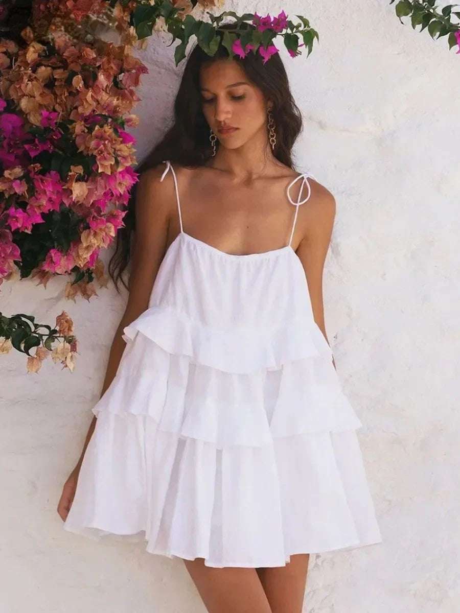 Women's Ruffled Mini Dress – Loose Cotton, Sleeveless, with Straps