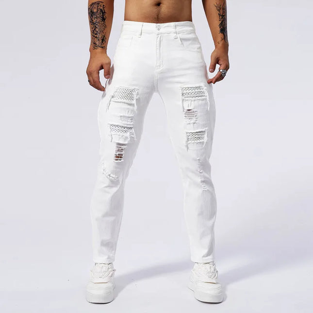 Men's Skinny Elastic Ripped Hole Denim Jeans