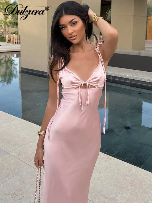 Women's Backless Lace-Up Spaghetti Strap Midi Dress