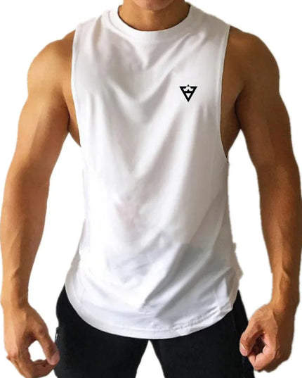 Person wearing a white sleeveless shirt with a logo on a white background