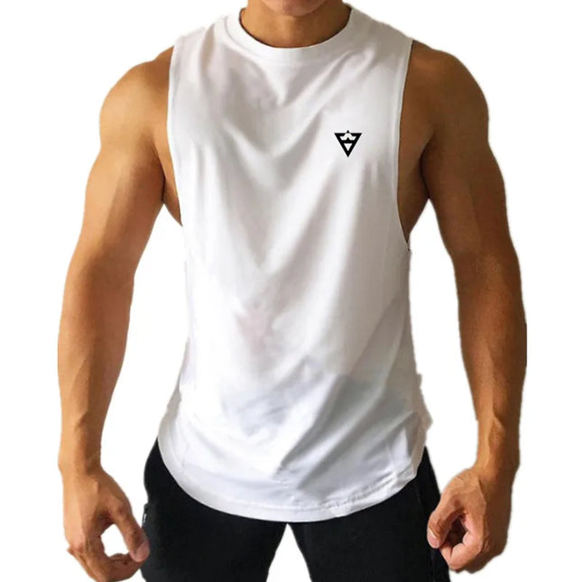 Person wearing a white sleeveless shirt with a logo on a white background