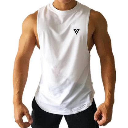 Person wearing a white sleeveless shirt with a logo on a white background