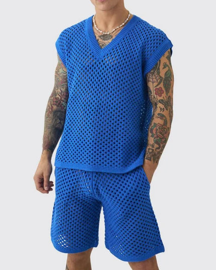 Men's Knitted Two-Piece Mesh V-Neck Vest and Shorts Set - Breathable Casual Style