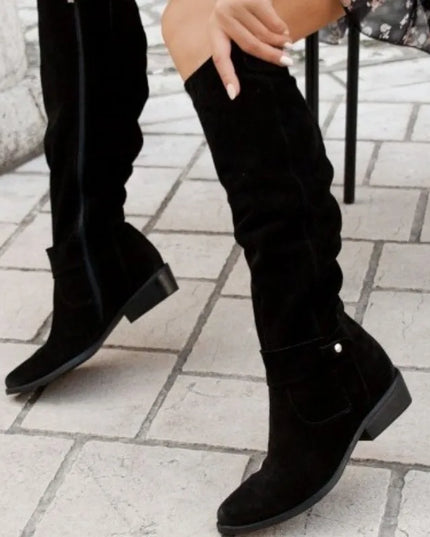 Women's Long Suede Boots with Low Heel and Side Zip - Stylish & Comfortable Footwear
