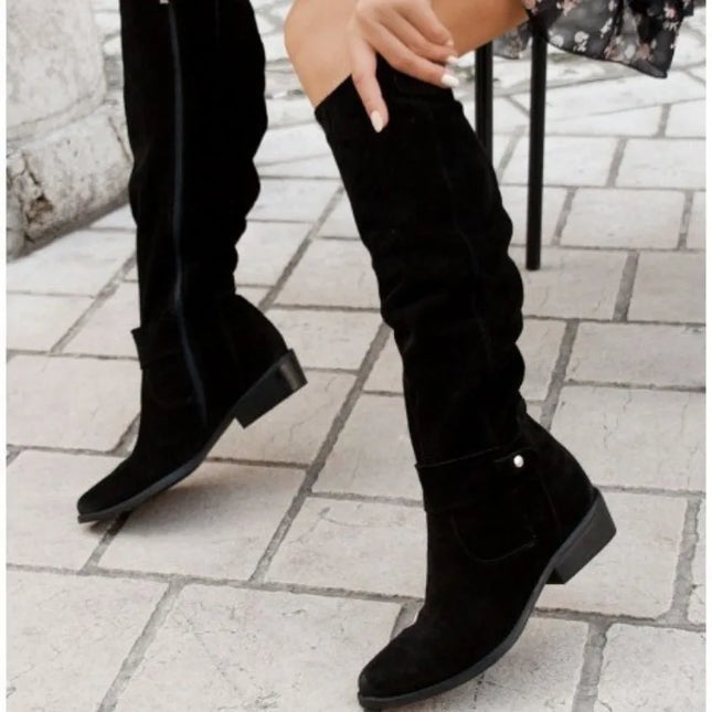 Women's Long Suede Boots with Low Heel and Side Zip - Stylish & Comfortable Footwear