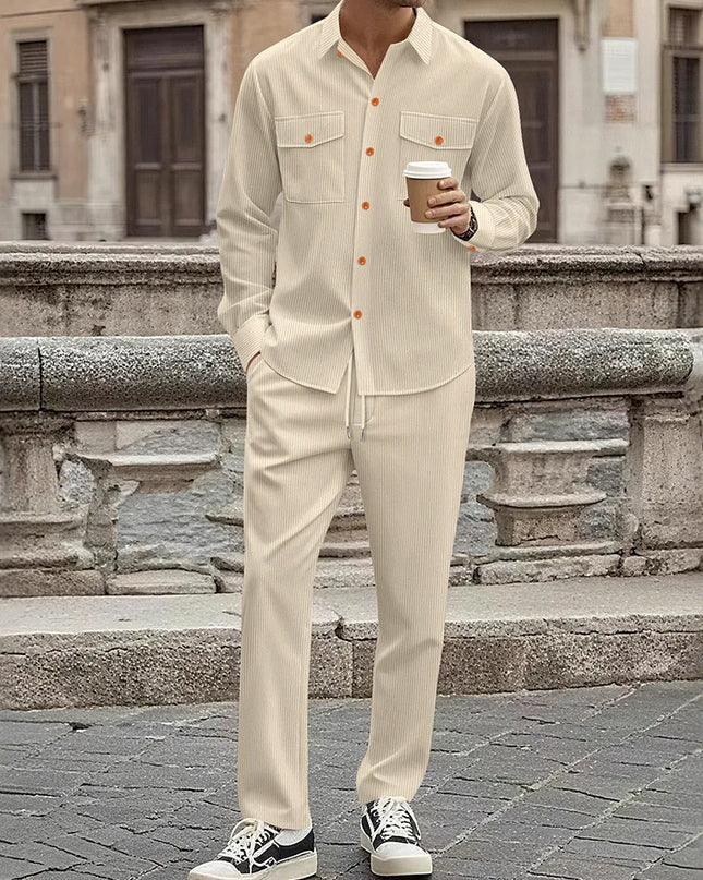 Men's Two-Piece Corduroy Casual Suit – Long-Sleeved Shirt and Long Pants Set