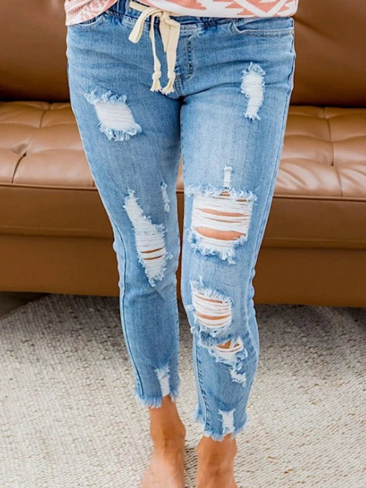 Women’s Drawstring Ripped Denim Jeans - Various Colors