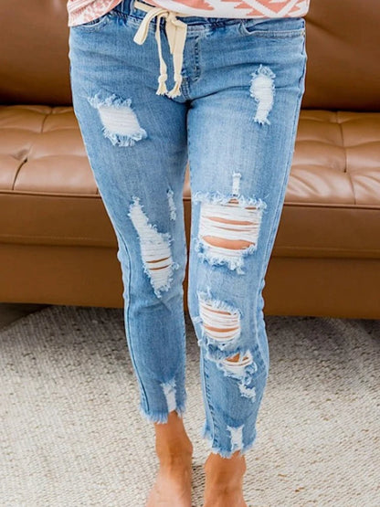 Women’s Drawstring Ripped Denim Jeans - Various Colors
