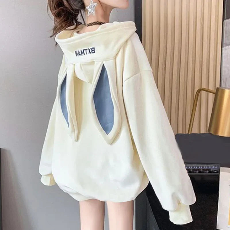 Women’s Fleece Thicken Hooded Pullover Sweater with Rabbit Ear Design