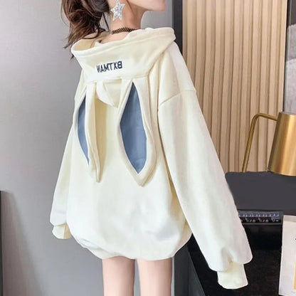 Women’s Fleece Thicken Hooded Pullover Sweater with Rabbit Ear Design