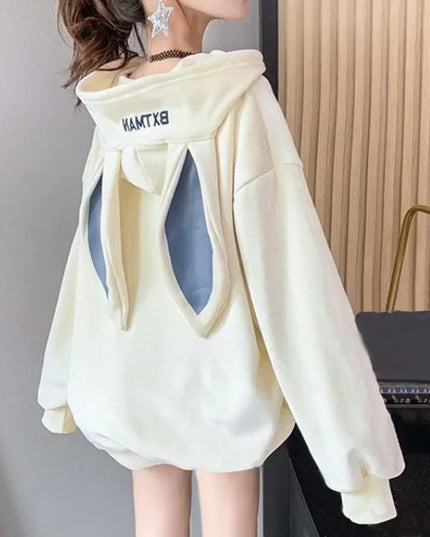 Women’s Fleece Thicken Hooded Pullover Sweater with Rabbit Ear Design