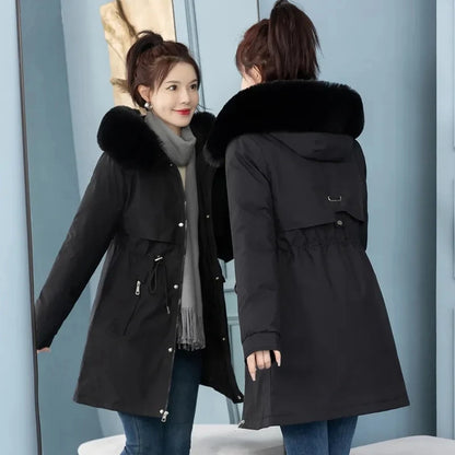 Women's Long Hooded Parka Coat with Wool Lining and Fur Collar - Various Colors