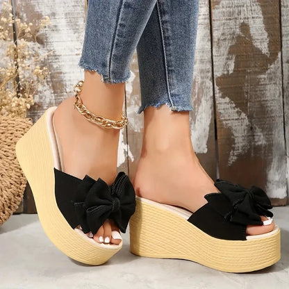 Women's 9cm Wedge Platform Heels with Fabric Bow – Elegant Slip-On Wedges for Women