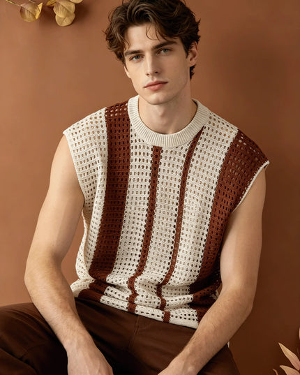 Men's Hollow-Out Knitted Striped Vest - Loose Fit