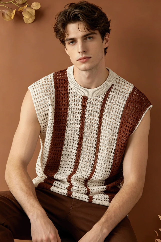 Men's Hollow-Out Knitted Striped Vest - Loose Fit