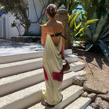 Women's Floral Off-Shoulder Strapless Backless Maxi Dress – Loose Fit