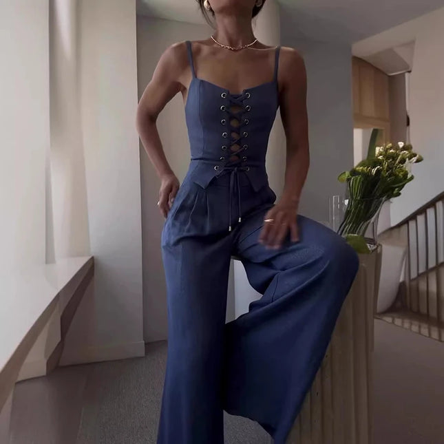 Women's Two-Piece Slim Fit Chic Sleeveless Bandage Tank Top & Wide-Leg Pants Se