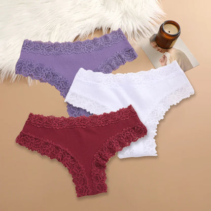 Set of 3 Women's Cotton Lace Panties - Floral Print & Trendy Patchwork Briefs