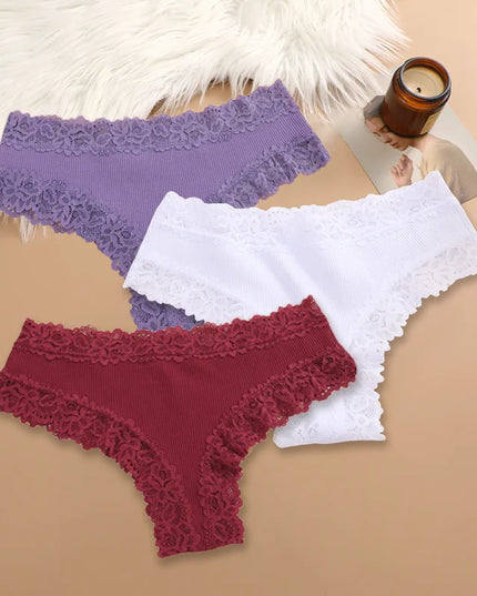 Set of 3 Women's Cotton Lace Panties - Floral Print & Trendy Patchwork Briefs