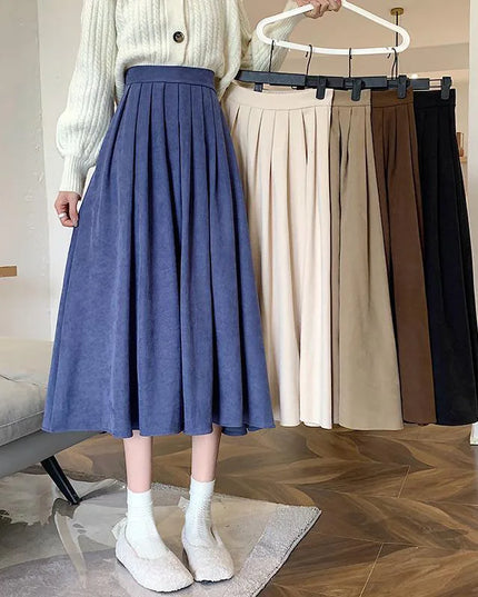 Korean Vintage High-Waisted Pleated Maxi Skirt for Women 