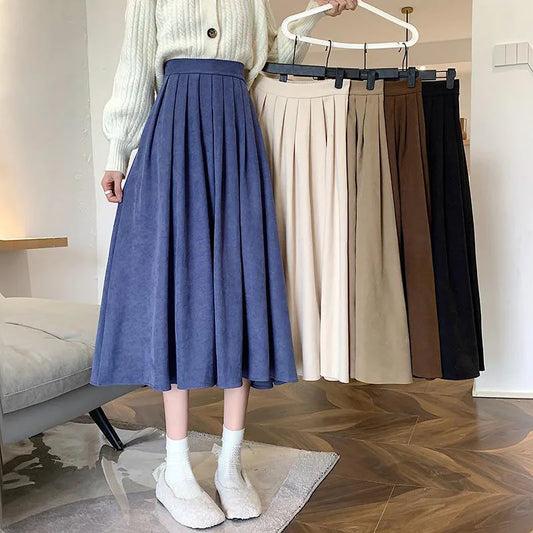 Korean Vintage High-Waisted Pleated Maxi Skirt for Women 
