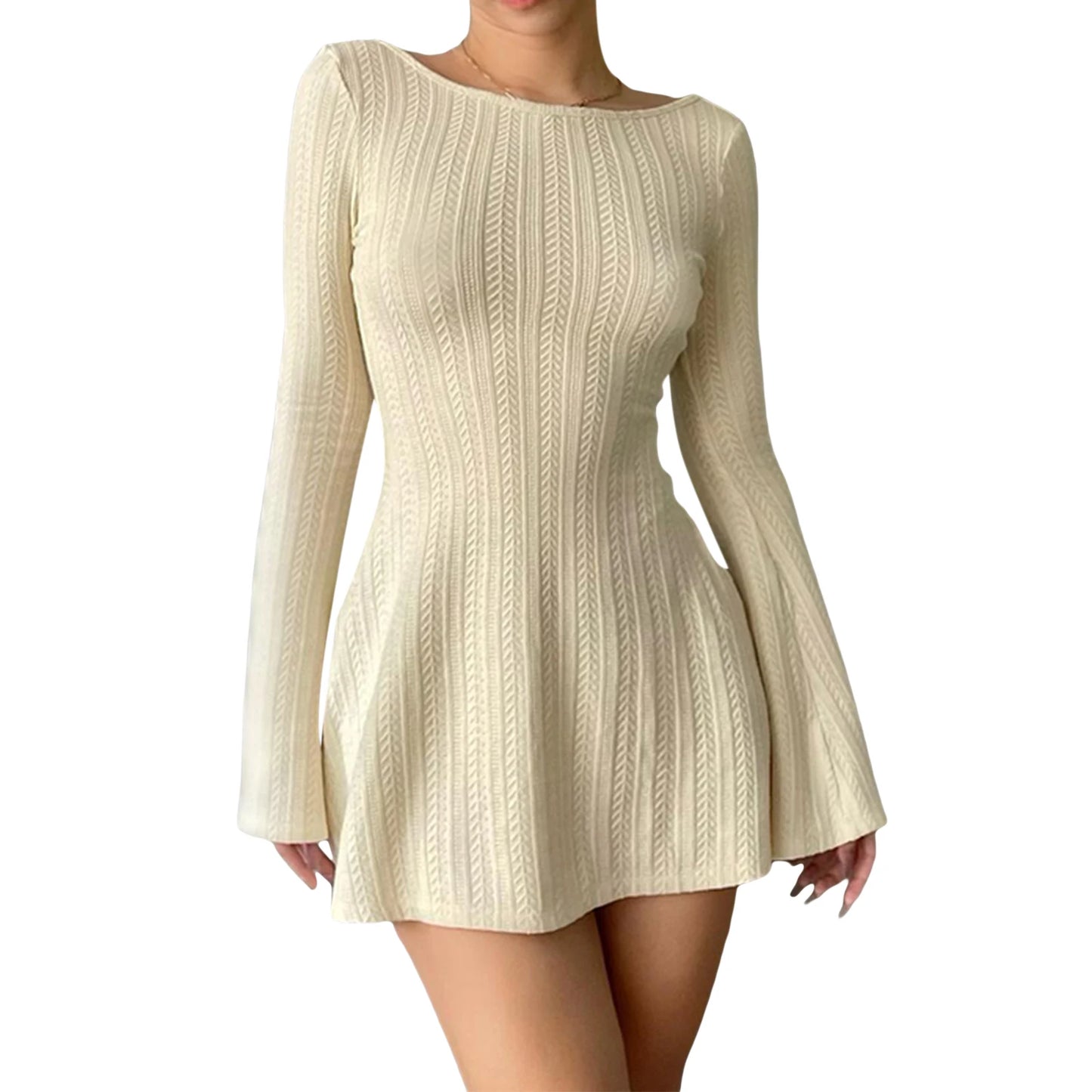 Women’s Long Sleeve Mini Dress with Crew Neck and Backless Design