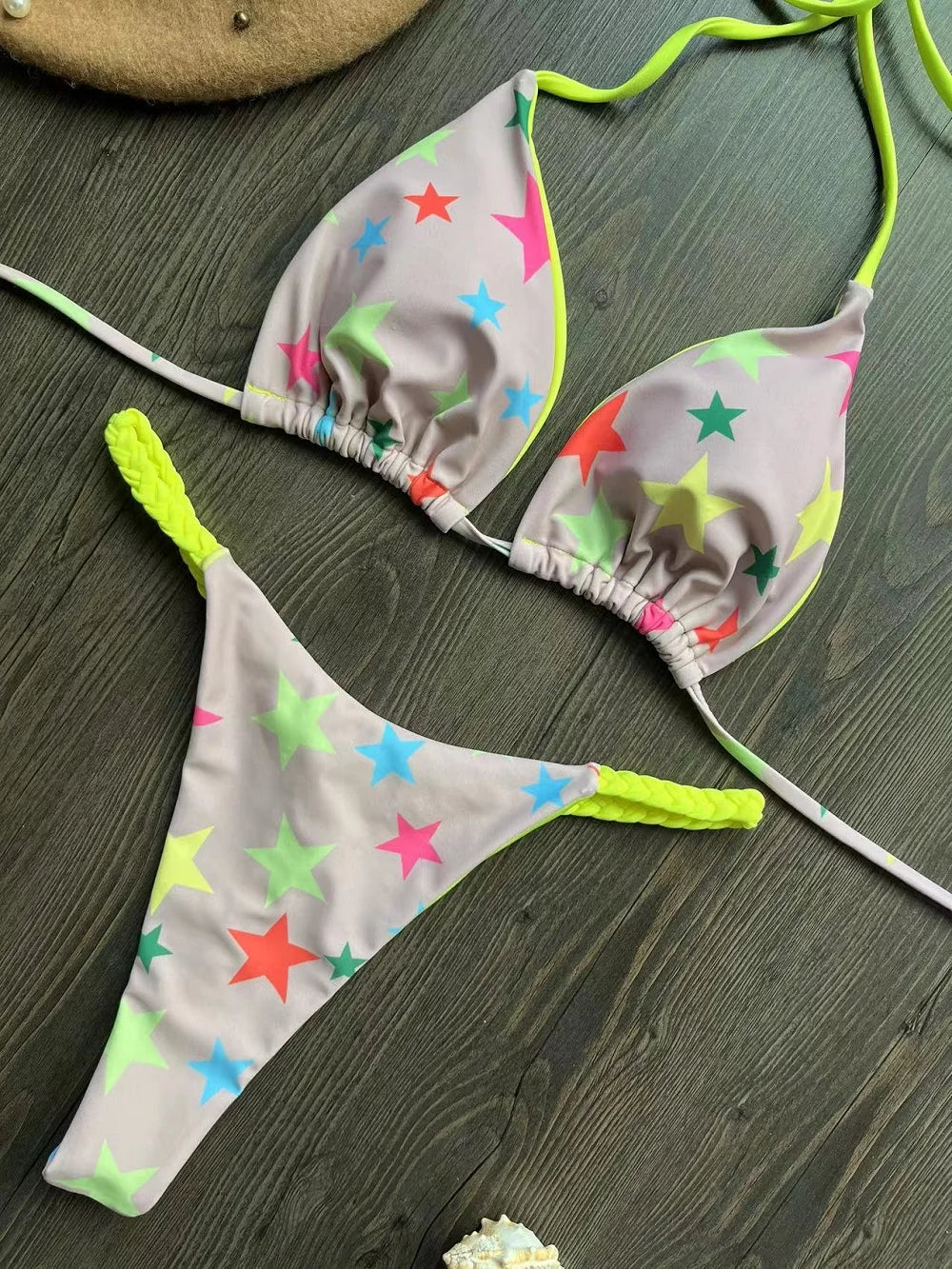 Women's Striped High-Waist Thong Bikini Set
