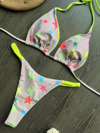 Women's Striped High-Waist Thong Bikini Set
