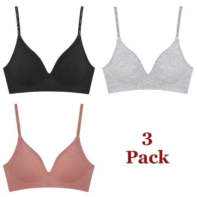 FINETOO 3-Piece Women's Striped Wireless Padded Deep V Bra with Breathable Design and Adjustable Straps