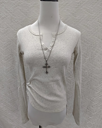 Women's Hollow Out Long Sleeve Round Neck Button-Up Slim Fit Cotton Sweater