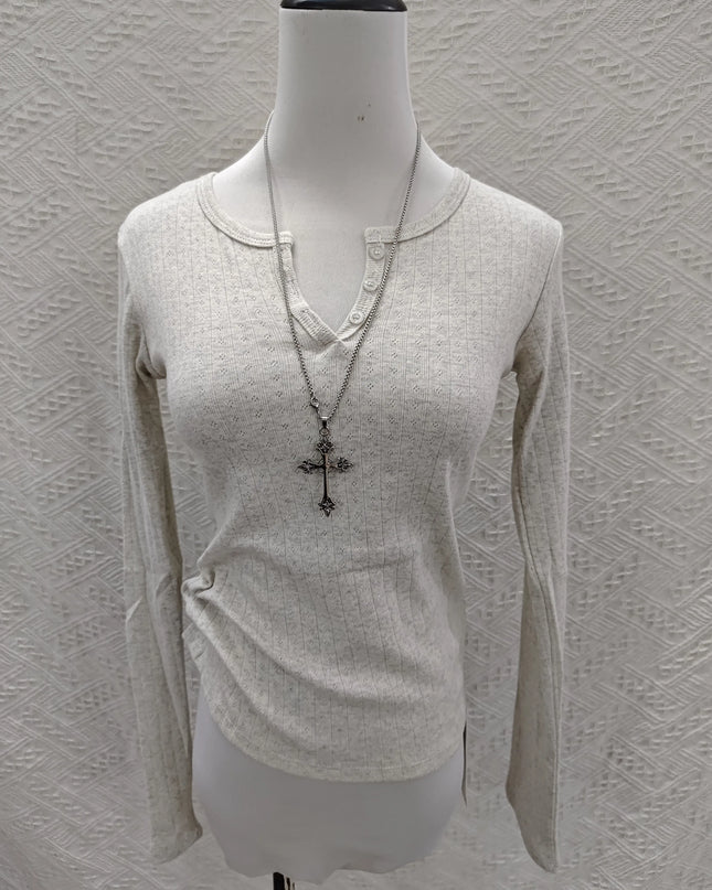 Women's Hollow Out Long Sleeve Round Neck Button-Up Slim Fit Cotton Sweater