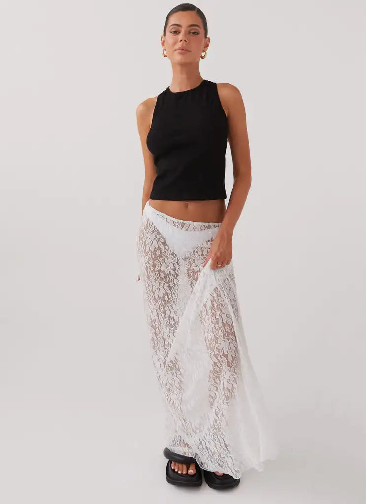 Elegant White Floral Lace Skirt for Women – Sheer See-Through, Low-Waist Design