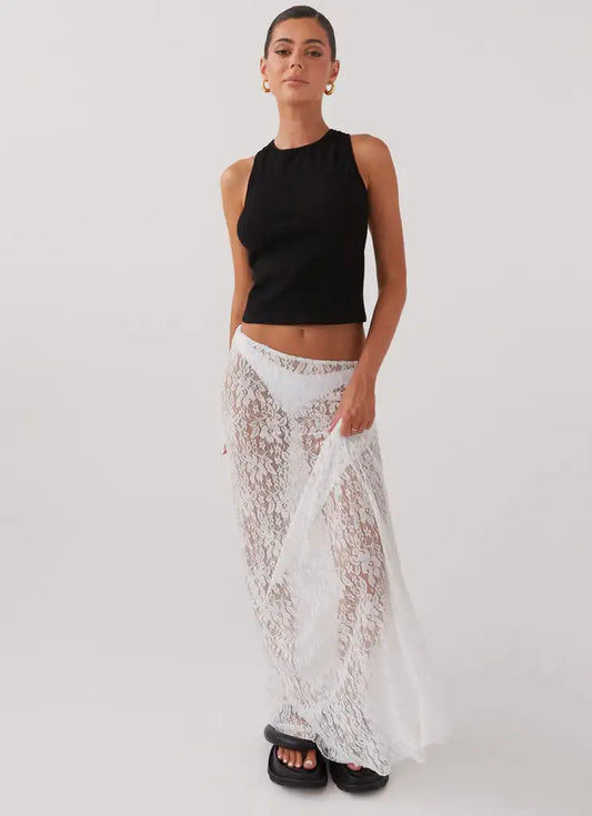 Elegant White Floral Lace Skirt for Women – Sheer See-Through, Low-Waist Design