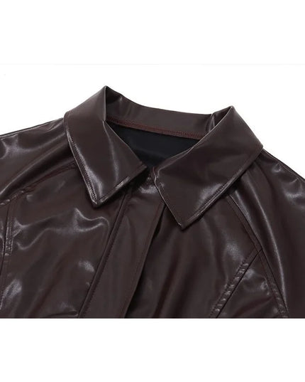 Women's Faux Leather Jacket with Turn-Down Collar