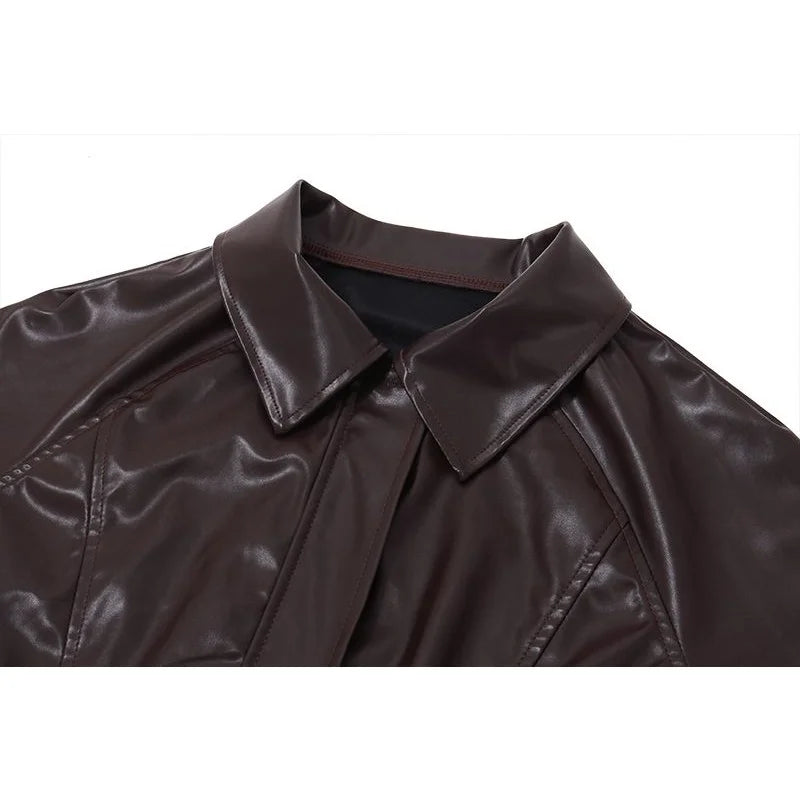 Women's Faux Leather Jacket with Turn-Down Collar