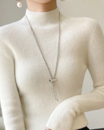 Ribbed Neck Sweater for Women - Fitted Knitted Pullovers
