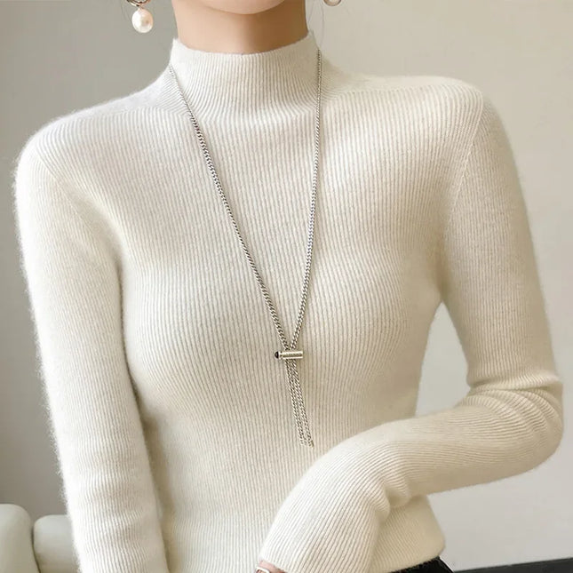 Ribbed Neck Sweater for Women - Fitted Knitted Pullovers