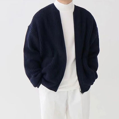 Men's Casual Round Neck Zip-Up Striped Jacket with Pocket – Stylish & Versatile Outerwear