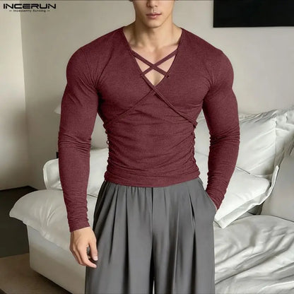 Incerun Men's V-Neck Long Sleeve Pleated Streetwear Top – Trendy Casual Urban Fashion for Men