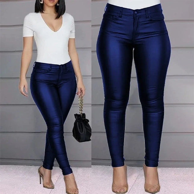 Women’s High-Waist Solid PU Leather Skinny Pants - Slim Fit & Stretch